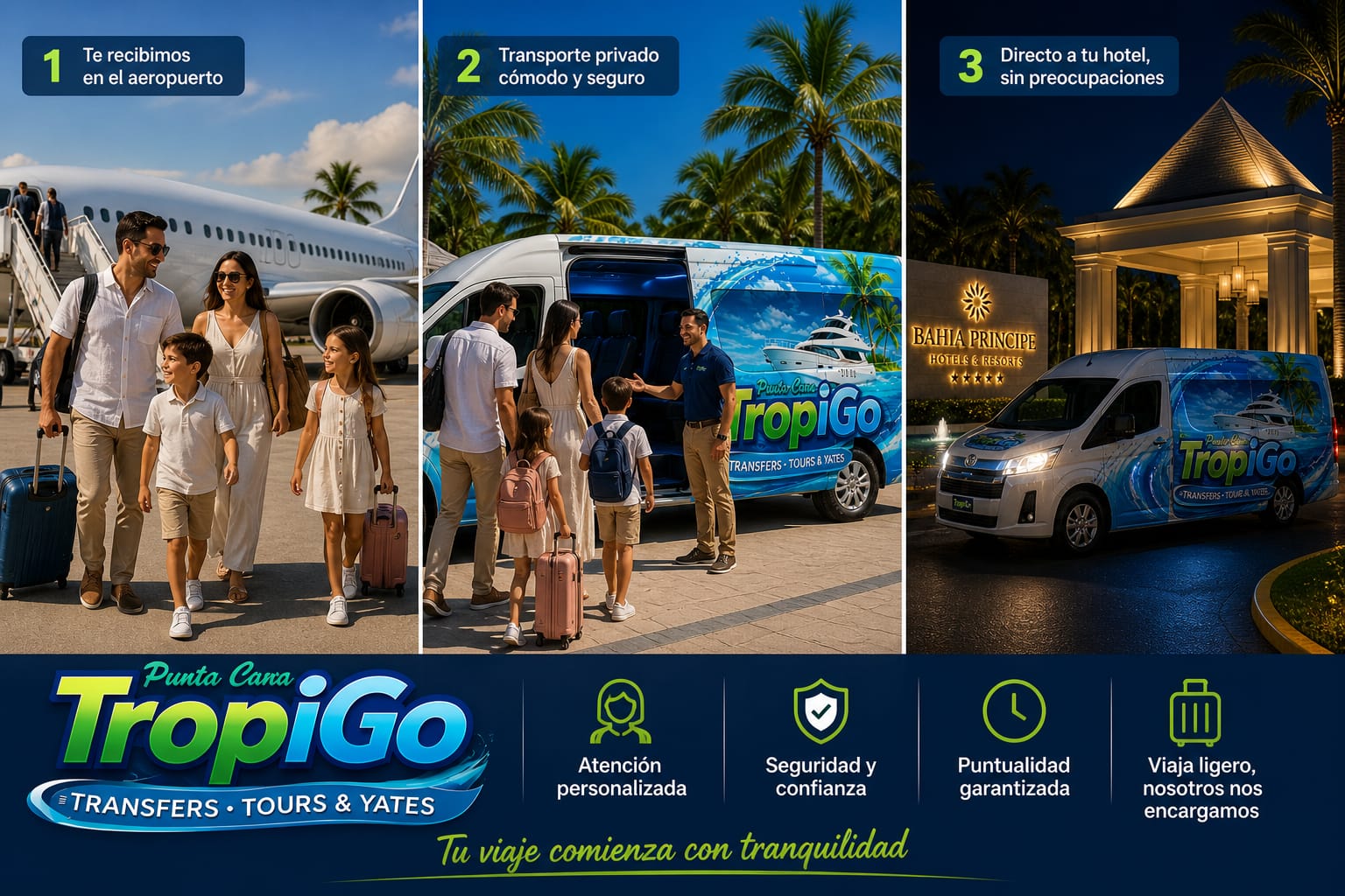Proceso Tropigo: te recibimos en el aeropuerto, transporte privado cómodo y seguro, directo a tu hotel sin preocupaciones